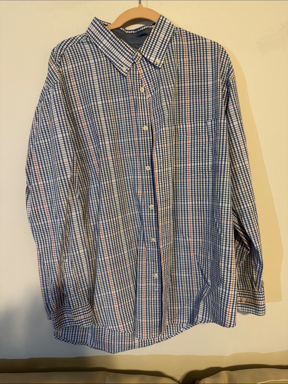 Haggar Blue and White Check Button-Down Shirt with Subtle Pink Accents